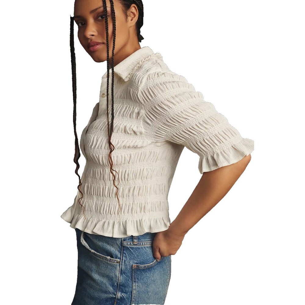 MAEVE Anthropologie Smocked Button Front Top XS Ivory Natural Cottagecore Chic - Picture 2 of 16